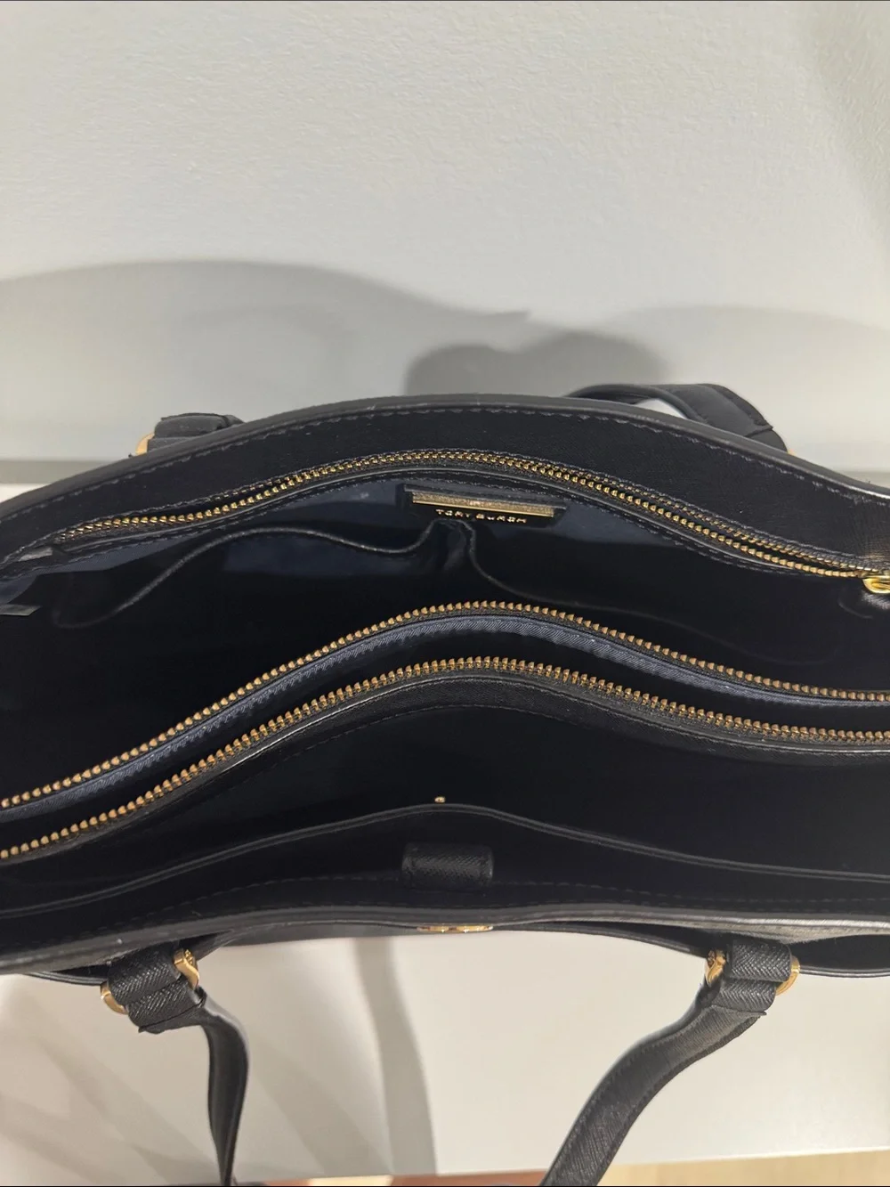 Tory Burch Black Saffiano Tote with Gold Logo